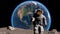 Lunar astronaut walks on the moon with flag, placing a flag pole on the Moon surface, and salutes. You can track and add