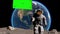 Lunar astronaut walks on the moon with green screen flag, placing a flag pole on the Moon surface, and salutes. You can