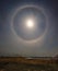 Lunar halo over the river landscape. Cane vegetation. Night photography landscape