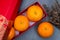 Lunar New Year Chinese New Year concept.  - Mandarin oranges in red box and flower