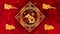Lunar New Year, spring festival background with golden rat, red silk pattern. Chinese new year red paper backdrop for
