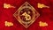 Lunar New Year, Spring Festival background with golden rat, red silk pattern. Chinese new year red paper backdrop for