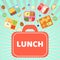 Lunch box with food banner vector illustration. Plastic containers with meal for school, work, university. Eggs with