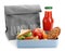 Lunch box with food, bottle of juice and bag on white background