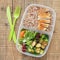 Lunch Box Healthy Food Take Away Plastic Container Buckwheat Salad Chicken Meat Brest Rustic Wooden Board Square Image