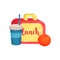 Lunch box, juicy orange, cocktail in plastic cup with lid and drinking straw. School food and drink. Flat vector design