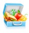 Lunch box with sandwich apple and juice