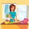 Lunch Box Vector. Classic Lunch Box With Sandwich, Vegetables, Water, Almonds, Fruits. Woman In Kitchen Preparing A