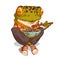 A lunch break, vector illustration. Calm hipster frog sitting with his legs crossed and eating dumplings