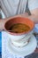 Lunch fish soup in a craft pot at one of the popular Greek taverns in Ayia Napa Cyprus