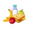 Lunch Food, Sandwich, Milk And Fruits, Set Of School And Education Related Objects In Colorful Cartoon Style