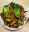 Lunch plate. Portion control. A side of salad two cups. A side of baked chicken strips,