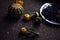 Lunch Provencal style still life on wooden table, flower pattern, seasonal vegetables, wine grapes, pumpkin, daylight.