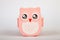 Lunchbox in the form of a pink owl for preserving and carrying homemade food or sandwiches during working day on white isolated