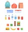 Lunchbox illustration set - different plastic containers, paper bag, bottles, juice, water, fruits, sandwich, backpack.