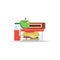 Lunchbox - meal container with hamburger, apple, chocolate bar and a juice. School meal, children`s lunch.
