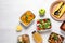 Lunchboxes on white wooden table. Healthy food delivery