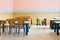 lunchroom of the refectory of the kindergarten with small benches