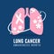 Lung cancer awareness month banner with white ribbon flower and butterfly flying around pink lung sign on blue background