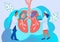 Lung check up and pulmonary health examination banner. Doctors characters exam human respiratory system.