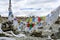 Lung ta prayer flags, white scarves khatas and cairns flank the border of a Chinese military zone in Gampa Pass in Tibet
