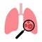 Lungs flat icon with magnifier anc virus cells over white background. Human respiratory system with unhealthy internal organ