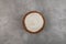 Lupin Flour in wooden bowl on grey background, top view. Versatile Flour fine grinding from Nutritious Andean Lupin Beans. Gluten