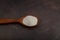 Lupin Flour in wooden bowl on grey background, top view. Versatile Lupin Flour is rich in high quality protein and complex