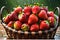 A Luscious Close-Up of Strawberries Glistening with Droplets of Water, Nestled in a Woven Basket, Vibrant Red Allure