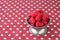 Luscious fresh picked raspberries in a stainless steel cup on a background of white stars on a field of red