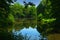 Luscious green trees foliage and summer blue sky reflections in serene lake waters. Georgengsrten park, Hannover