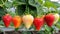 Luscious ripe strawberries flourishing in a vibrant greenhouse environment, ripe for picking