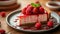 A luscious slice of strawberry cheesecake topped with fresh berries and a drizzle of sauce.