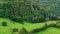 Lush forest landscape aerial view. Picturesque green valley at countryside hills