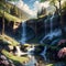 A lush forest with winding paths and sparkling waterfalls with beautiful scenery, ambience, flowers, cloud amd sky, printable