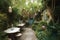 a lush garden with bistro-style seating and lanterns
