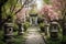 lush garden with blooming cherry blossom trees and stone lanterns