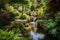 lush garden landscapes with waterfall and stream, surrounded by greenery