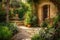 lush garden and stone path leading to the front door of a mediterranean house
