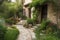 lush garden and stone path leading to the front door of a mediterranean house