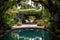 lush garden surrounding a sparkling clean pool