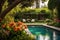 lush garden surrounding a sparkling clean pool