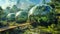 Lush green garden with modern spherical greenhouses in an eco-friendly city concept