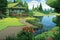 lush green lawn near cabin with dock jutting into lake, magazine style illustration