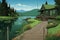 lush green lawn near cabin with dock jutting into lake, magazine style illustration