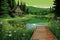 lush green lawn near cabin with dock jutting into lake, magazine style illustration