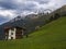 Lush green meadow,Idyllic spring mountain rural landscape. View over Stubaital or Stubai Valley near Innsbruck, Austria