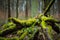 Lush green moss on old wood on forest floor