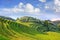 Lush green rice terraces against a blue sky with dramatic clouds, Longji, China