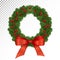 A lush green wreath with red berries and a bow. New year traditional decorations. Christmas. Isolated . Vector. Eps10.